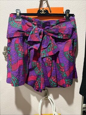 Ulla Johnson Purple Shorts with Pink & Teal Fan Print
